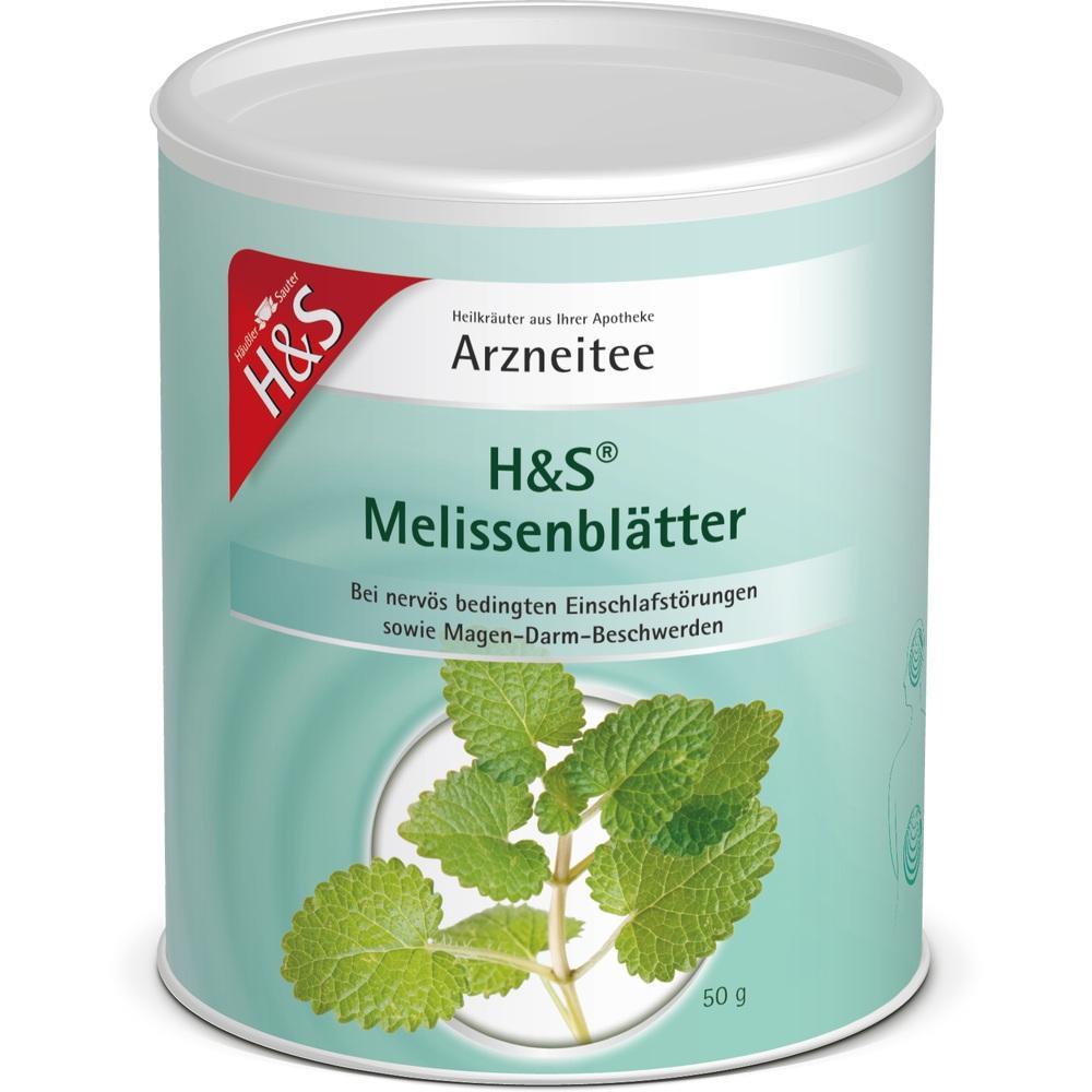 Eine Packung Melissenbl&auml;tter-Tee von H&S mit gr&uuml;nem Etikett und Pflanzenbild.