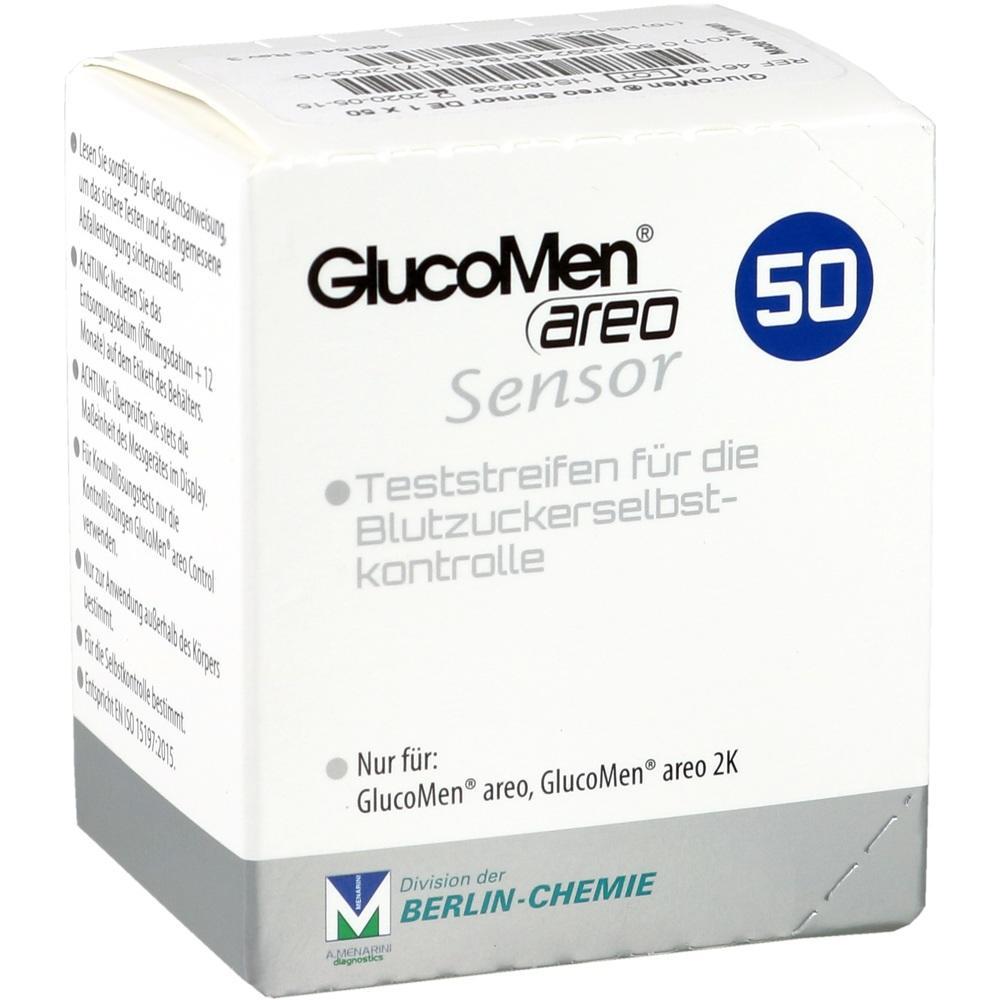 Wei&szlig;e Verpackung mit Blutzucker-Teststreifen von GlucoMen f&uuml;r die Selbstkontrolle.
