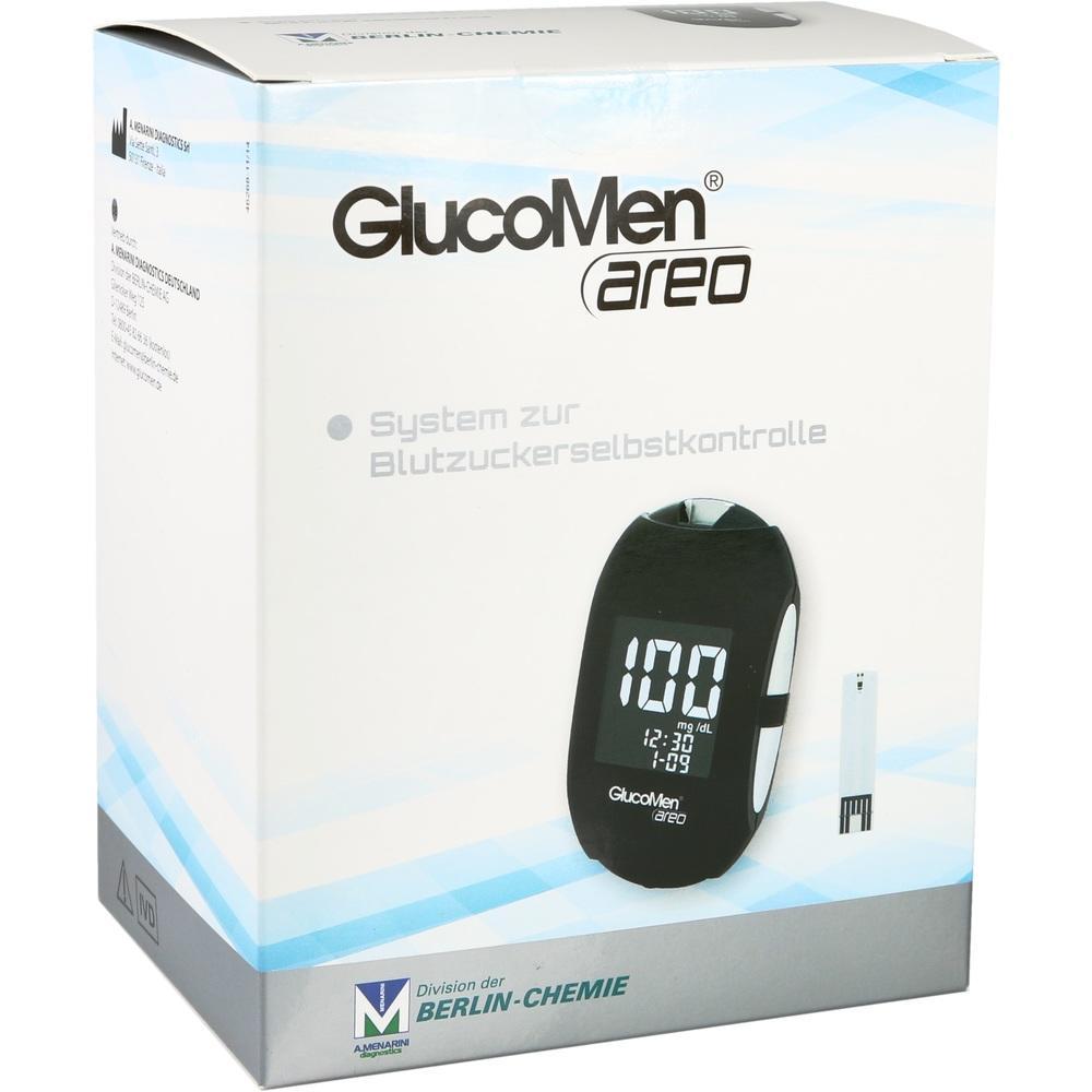 Verpackung eines Blutzuckermessger&auml;ts mit gro&szlig;em Display und Teststreifen.
