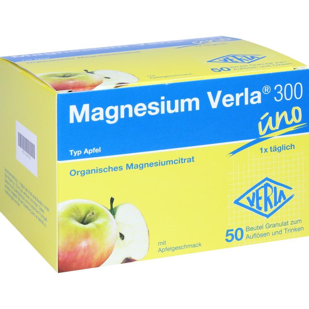 Gelbe Packung mit Magnesium Verla 300, Apfelgeschmack, 50 Beutel zum Trinken.