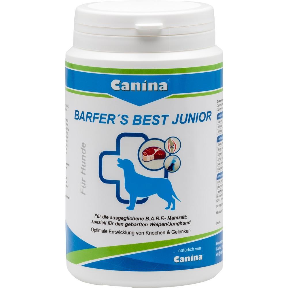 Wei&szlig;e Dose mit Hundewelpen-Nahrung namens "Barfer's Best Junior" von Canina.