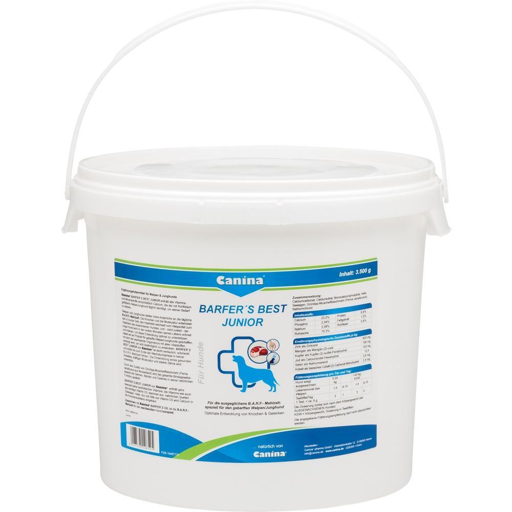 Ein wei&szlig;er Eimer mit Hundefutter von Canina, genannt "Barfer's Best Junior".