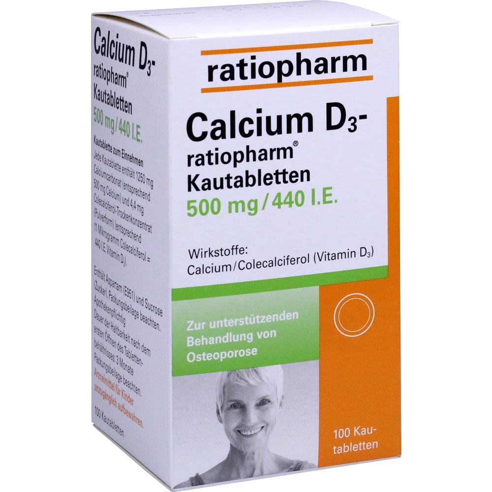 Verpackung einer Calcium-D3-Kautablette von ratiopharm zur Unterstützung bei Osteoporose.