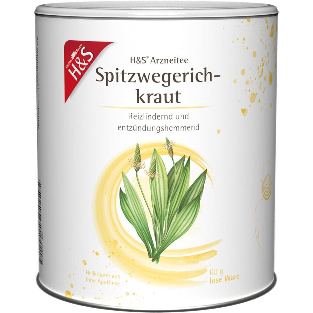 Eine gelbe Verpackung mit H&S Spitzwegerichkraut Tee.
