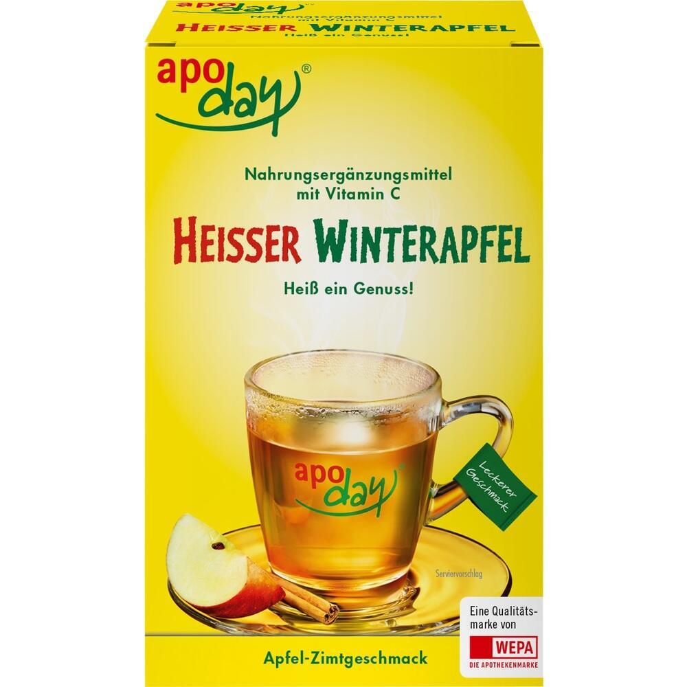 Eine gelbe Verpackung von "Hei&szlig;e Winterapfel"-Getr&auml;nk mit Apfel-Zimt-Geschmack.