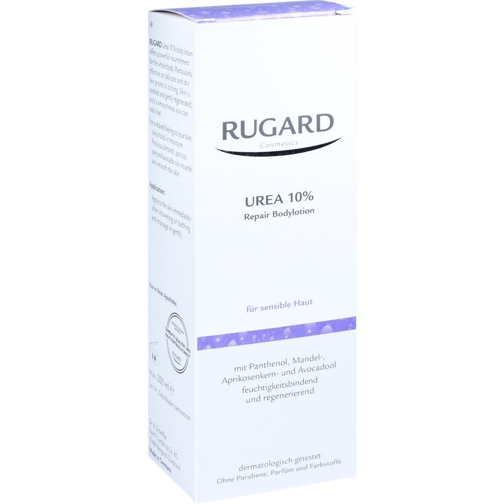 Eine weiße Box mit lila Akzenten für eine Urea 10% Bodylotion von Rugard.