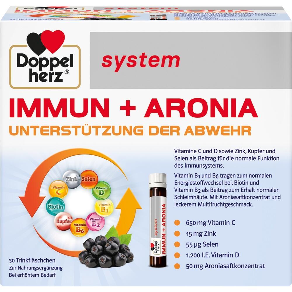 Eine Packung mit Immuntrinkampullen, die Vitamine und Aronia zur Abwehrunterst&uuml;tzung enth&auml;lt.