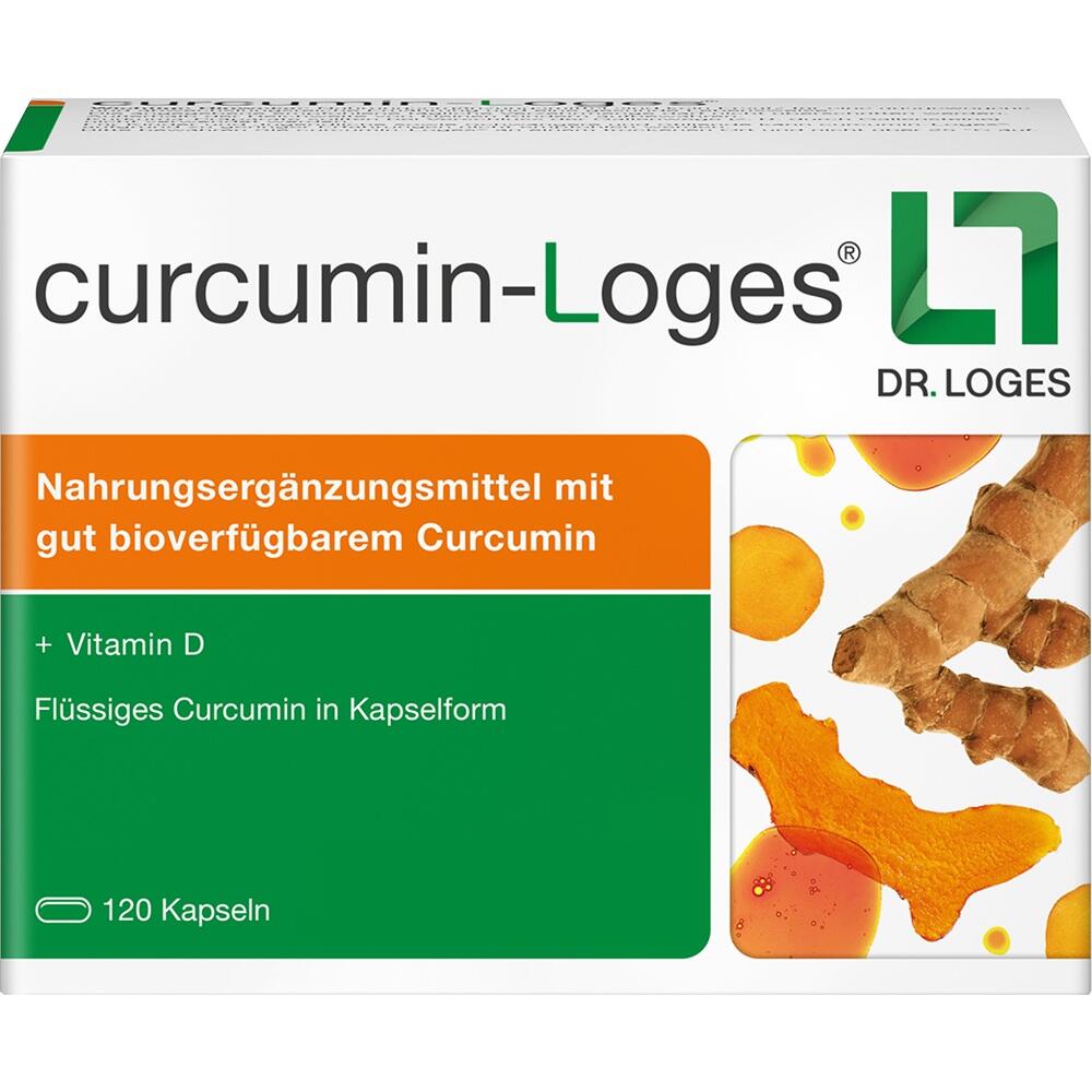 Eine Packung Curcumin-Loges Kapseln als Nahrungserg&auml;nzungsmittel mit Vitamin D.