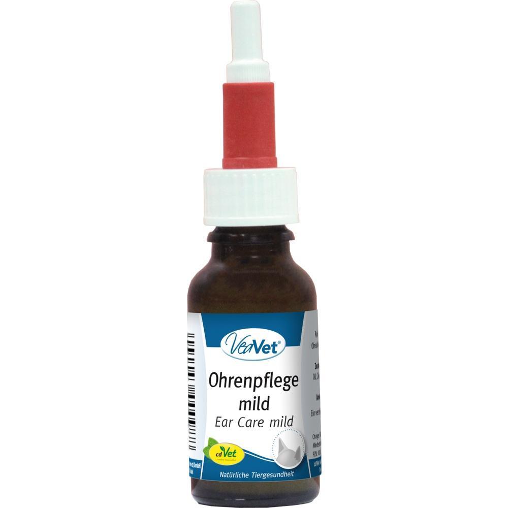 Braune Flasche mit wei&szlig;er und roter Spitze, beschriftet als Ohrenpflege mild.