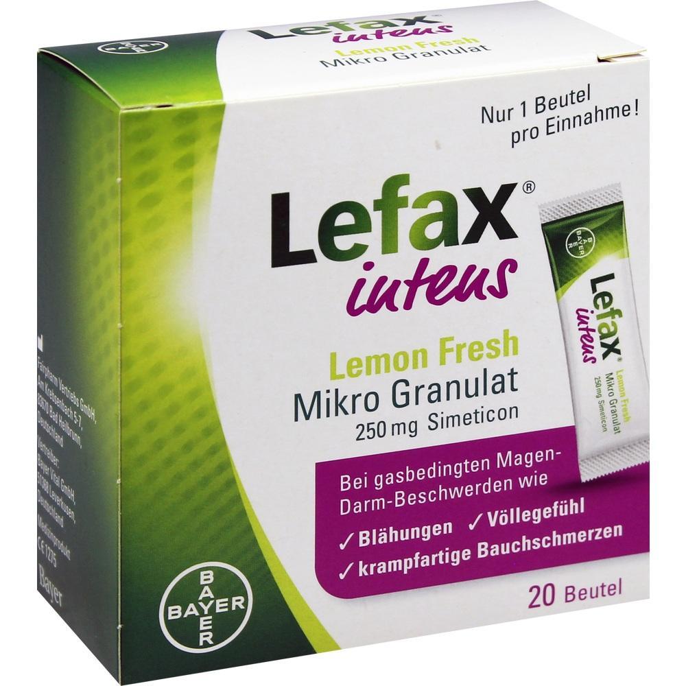 Verpackung von Lefax intens Mikro Granulat Lemon Fresh gegen Blähungen und Bauchschmerzen.