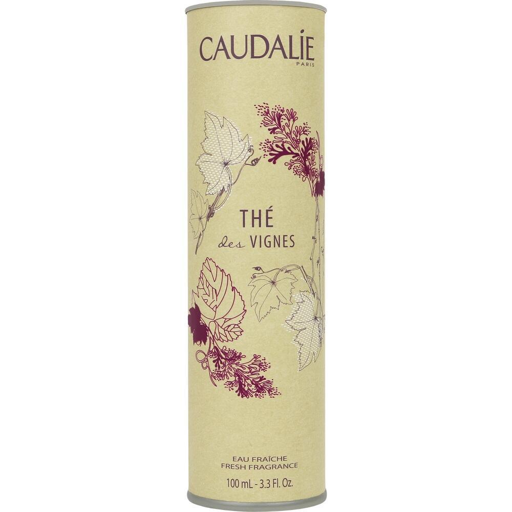 Beige Dose mit lila Blättern und der Aufschrift "Caudalie Thé des Vignes".
