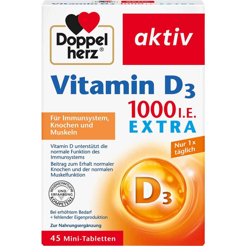 Schachtel mit Vitamin D3 Tabletten von Doppelherz f&uuml;r Immunsystem, Knochen und Muskeln.