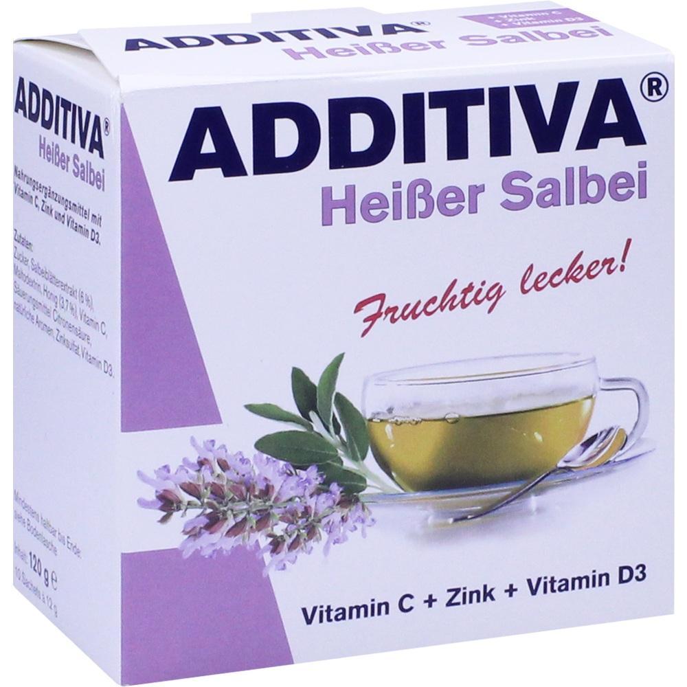 Eine Packung "ADDIDIVA Heißer Salbei" mit einer Tasse Tee und Salbeiblättern.
