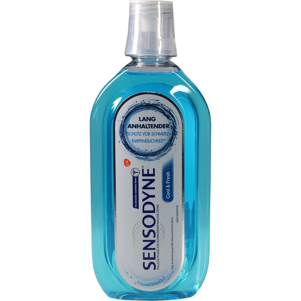 Eine blaue Mundsp&uuml;lung-Flasche mit der Aufschrift "Sensodyne Cool & Fresh".