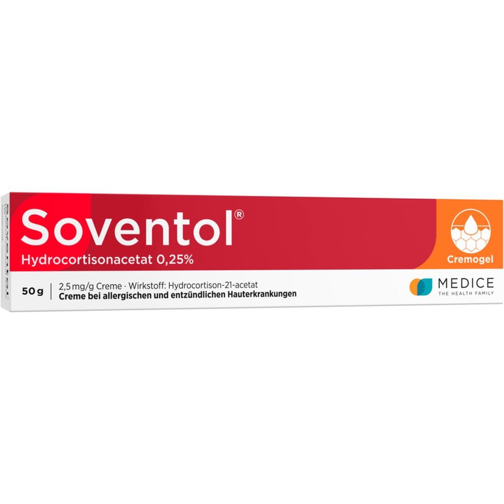 Rote und weiße Packung von Soventol-Creme für Hautentzündungen und Allergien.