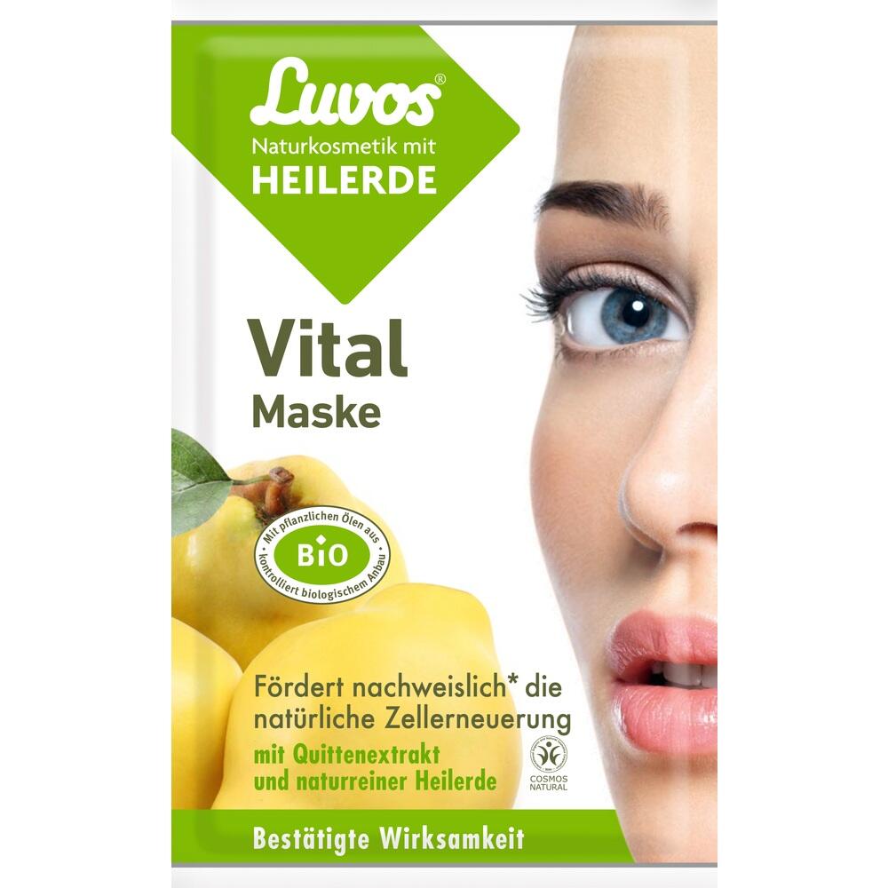 Packung einer Vitalmaske mit Heilerde, Quitten und einem Gesichtssichtausschnitt.