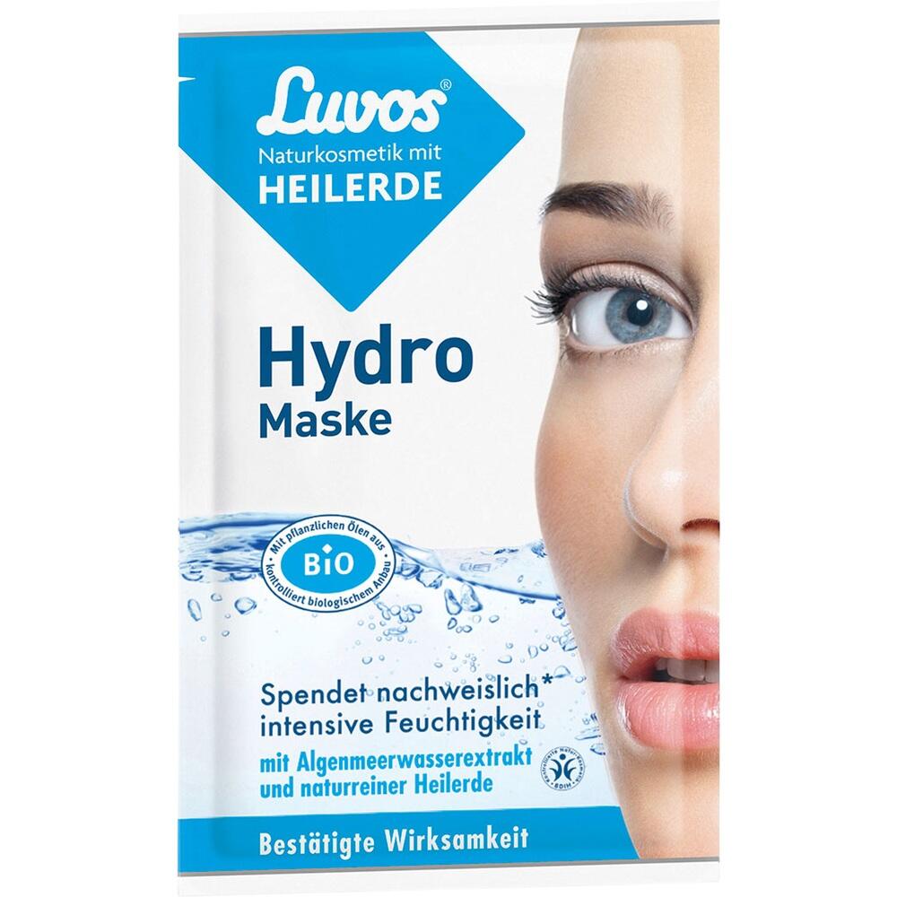 Verpackung einer Hydro-Maske mit Bild eines Gesichtes und blauen Wasser-Spritzern.