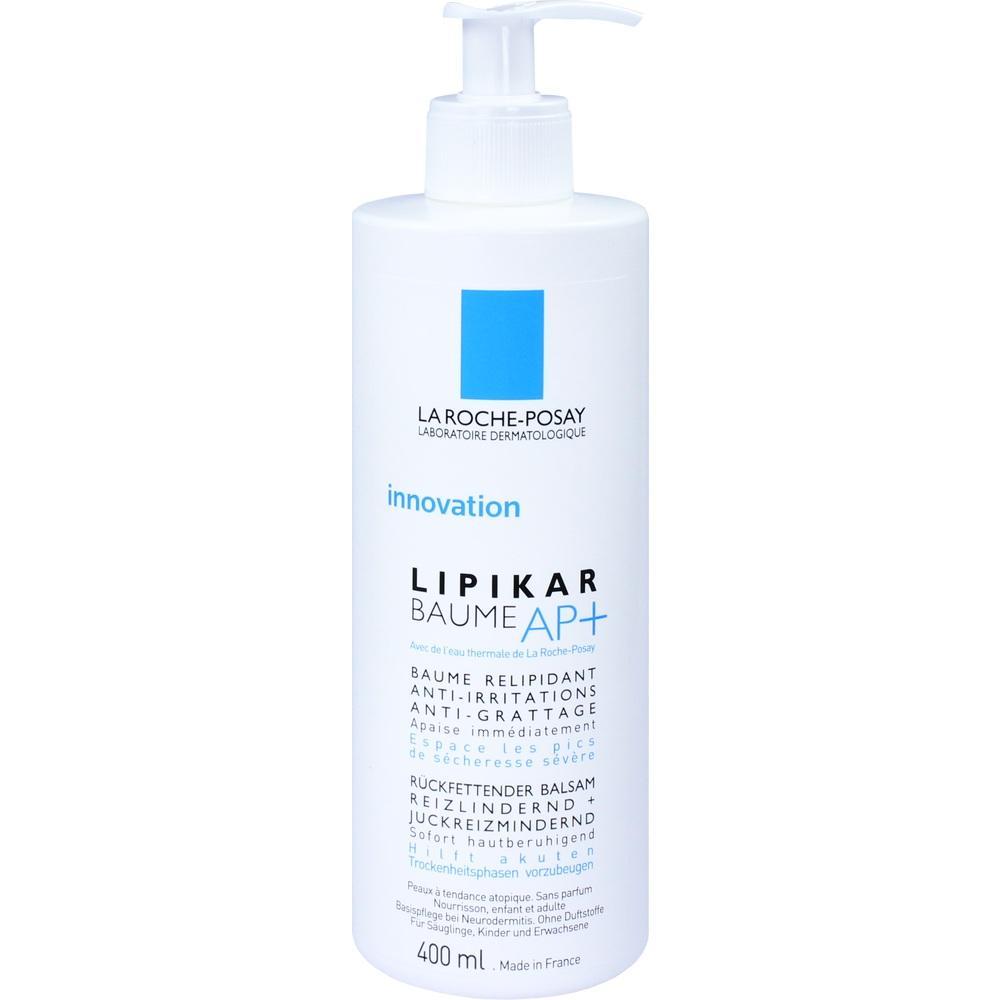 Weiße Flasche mit blauer Aufschrift, enthält Hautpflegebalsam.