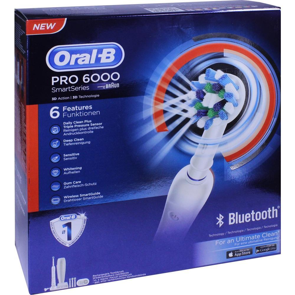Verpackung der elektrischen Zahnbürste Oral-B Pro 6000 mit verschiedenen Funktionen.