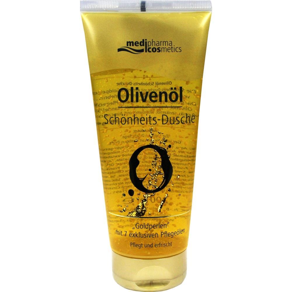 Gelbe Duschgel-Tube mit Oliven&ouml;l-Logo und Text "Sch&ouml;nheits-Dusche".