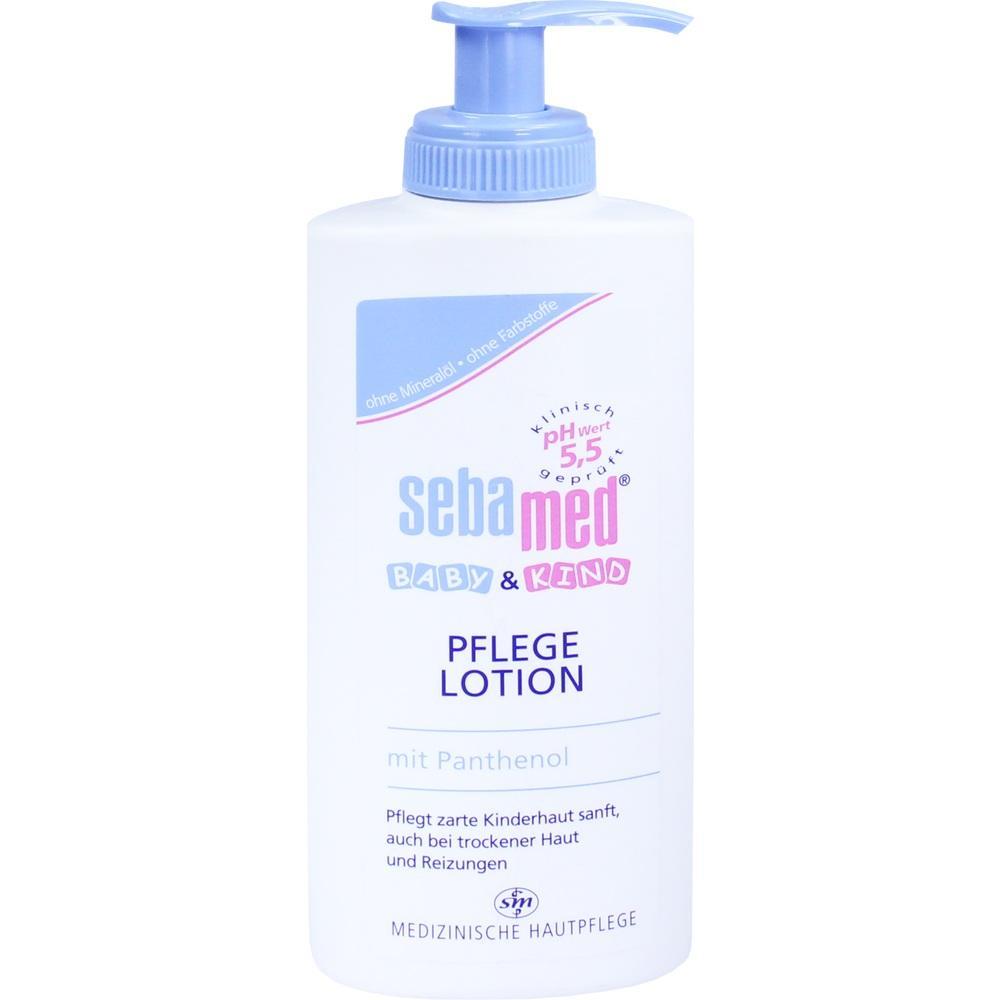 Eine wei&szlig;e Flasche Sebamed Baby & Kind Pflegelotion mit einem blauen Pumpverschluss.