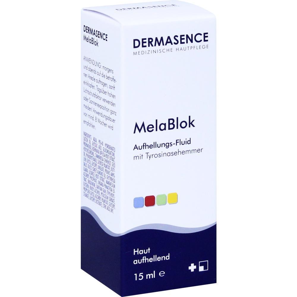 Eine wei&szlig;e Verpackung von einem Hautpflege-Fluid namens "MelaBlok".