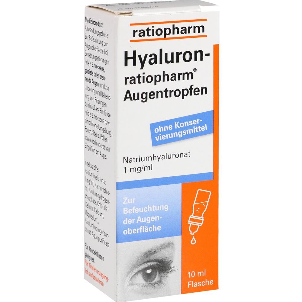 Eine Packung Hyaluron-Augentropfen ohne Konservierungsmittel zur Befeuchtung der Augen.