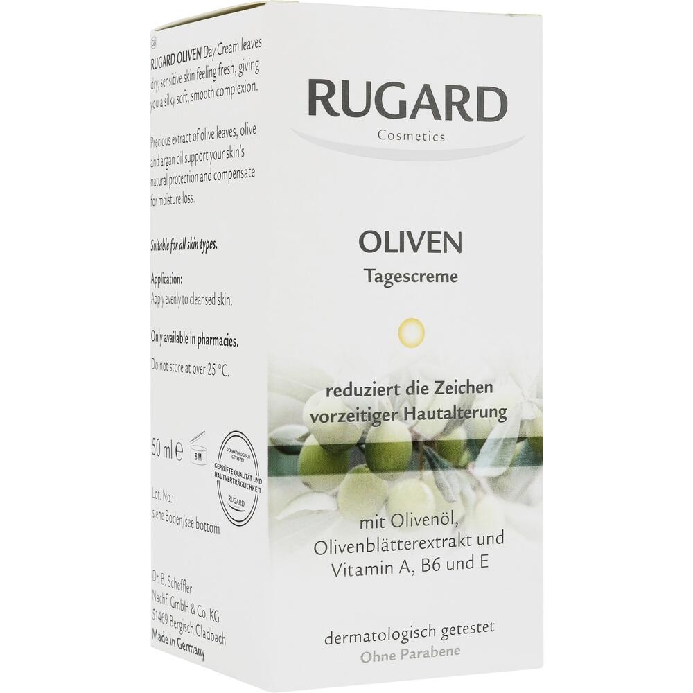 Weiße Verpackung einer Oliven-Tagescreme von Rugard Cosmetics.
