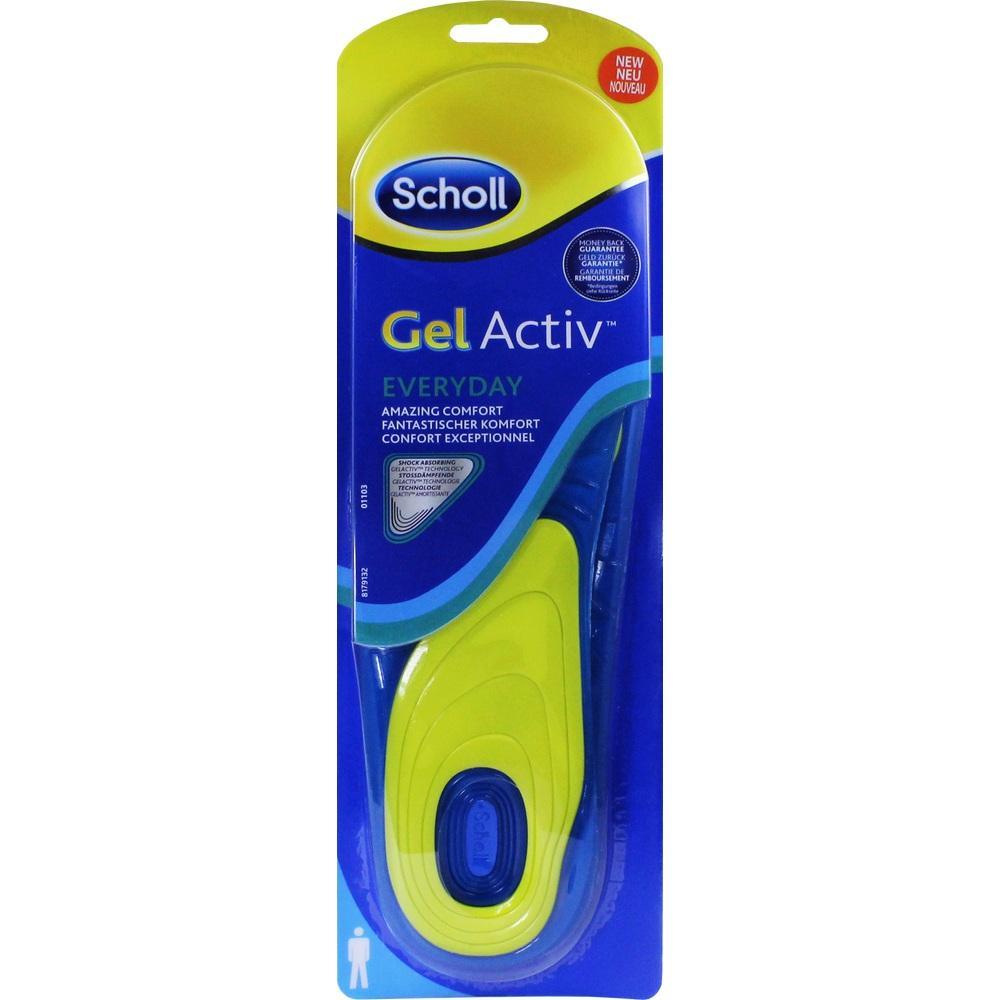 Eine gelbe Gel-Einlegesohle von Scholl in einer blauen Verpackung.
