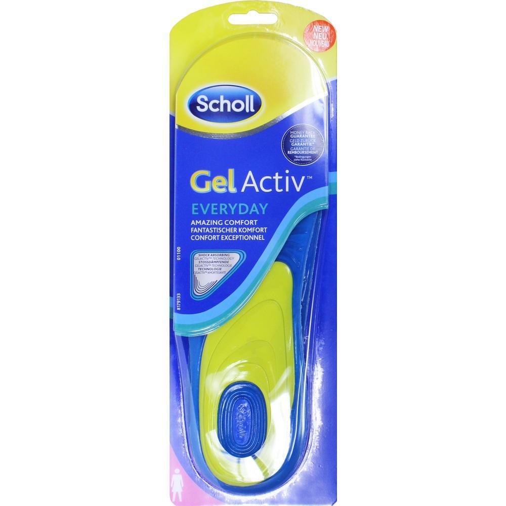 Gel-Einlegesohlen in gelber und blauer Verpackung von Scholl für täglichen Komfort.
