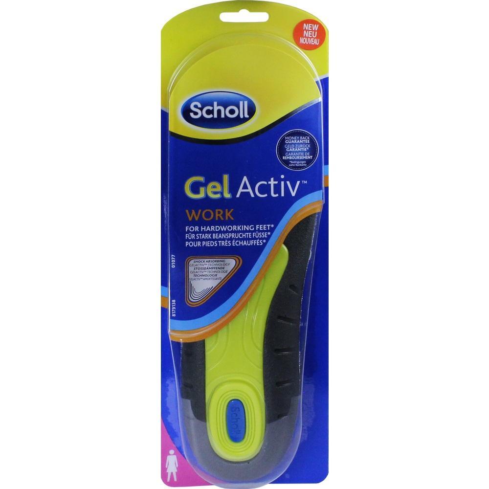 Gelbe und schwarze Einlegesohle von Scholl in einer blauen Verpackung.