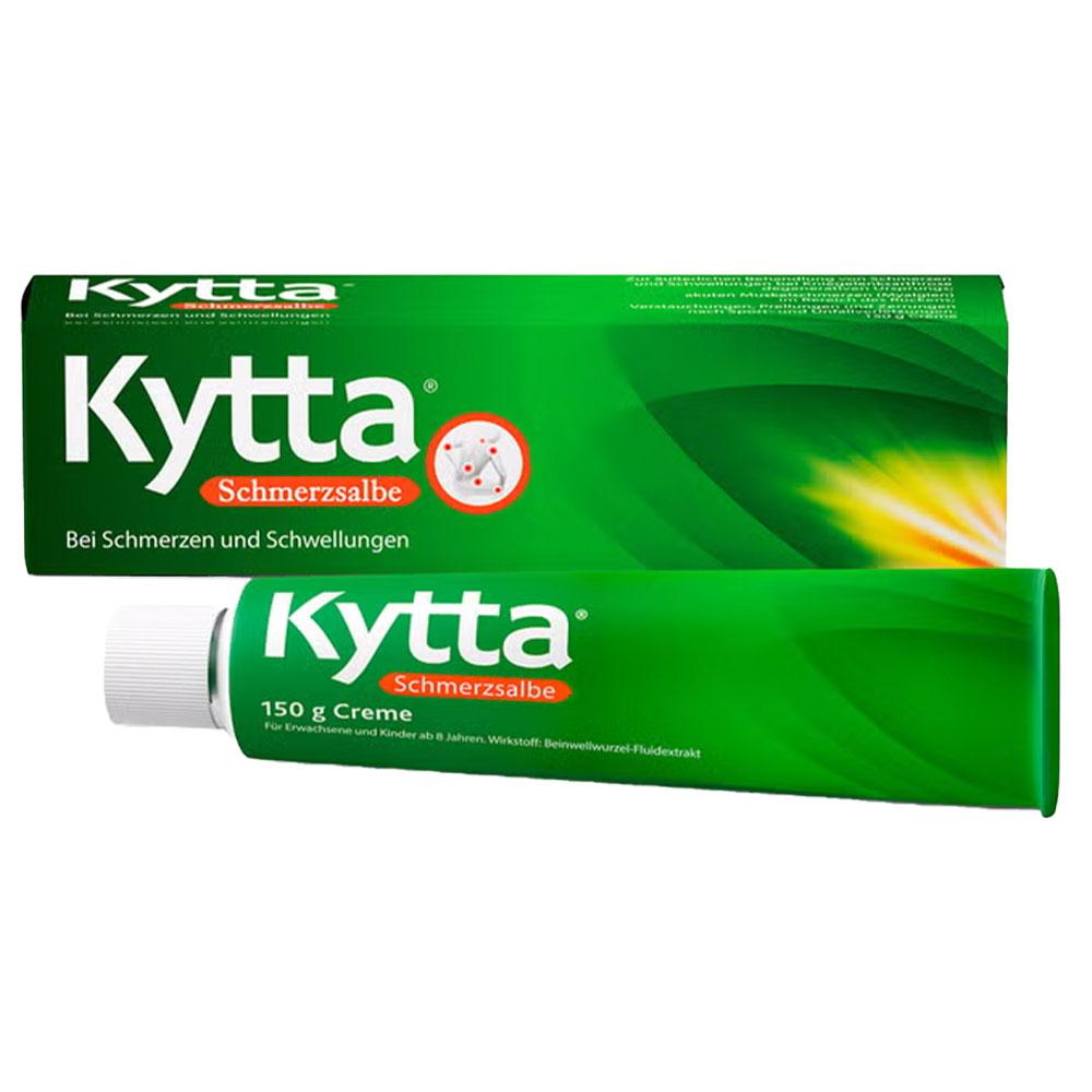 Gr&uuml;ne Tube und Schachtel mit der Aufschrift "Kytta Schmerzsalbe".