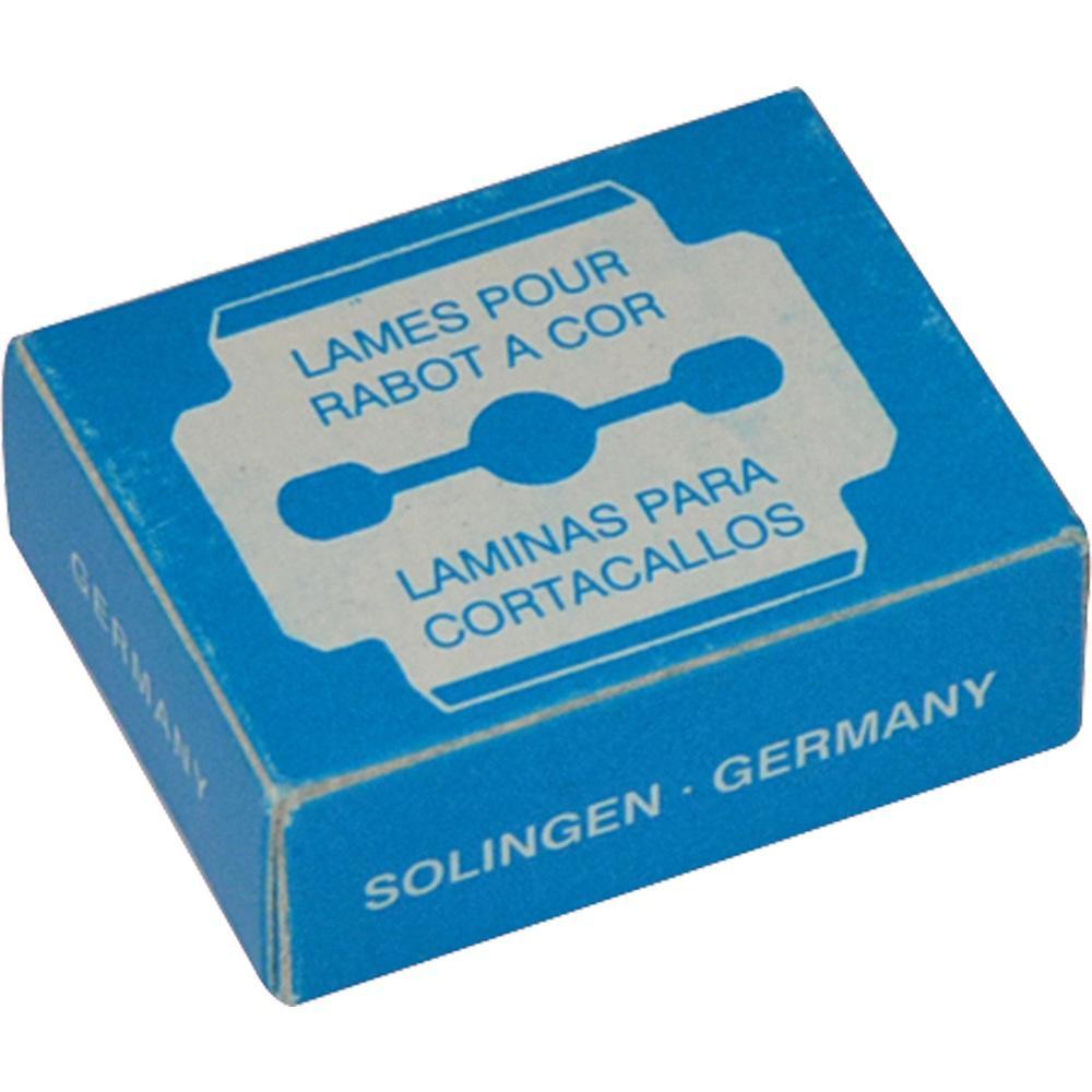 Blaue Schachtel mit Aufschrift für Hornhauthobel-Klingen.