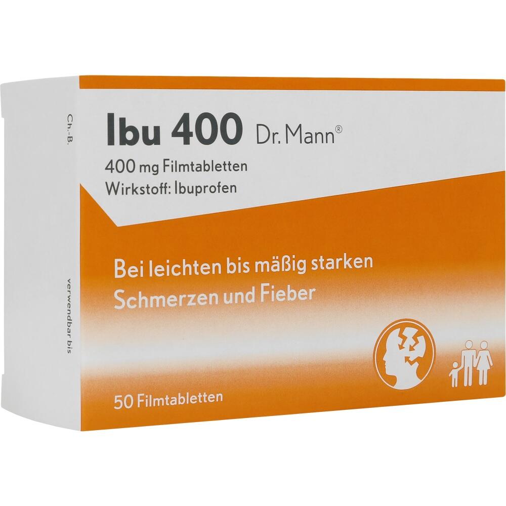 Orange Schachtel mit 50 Ibuprofen-Tabletten gegen Schmerzen und Fieber.