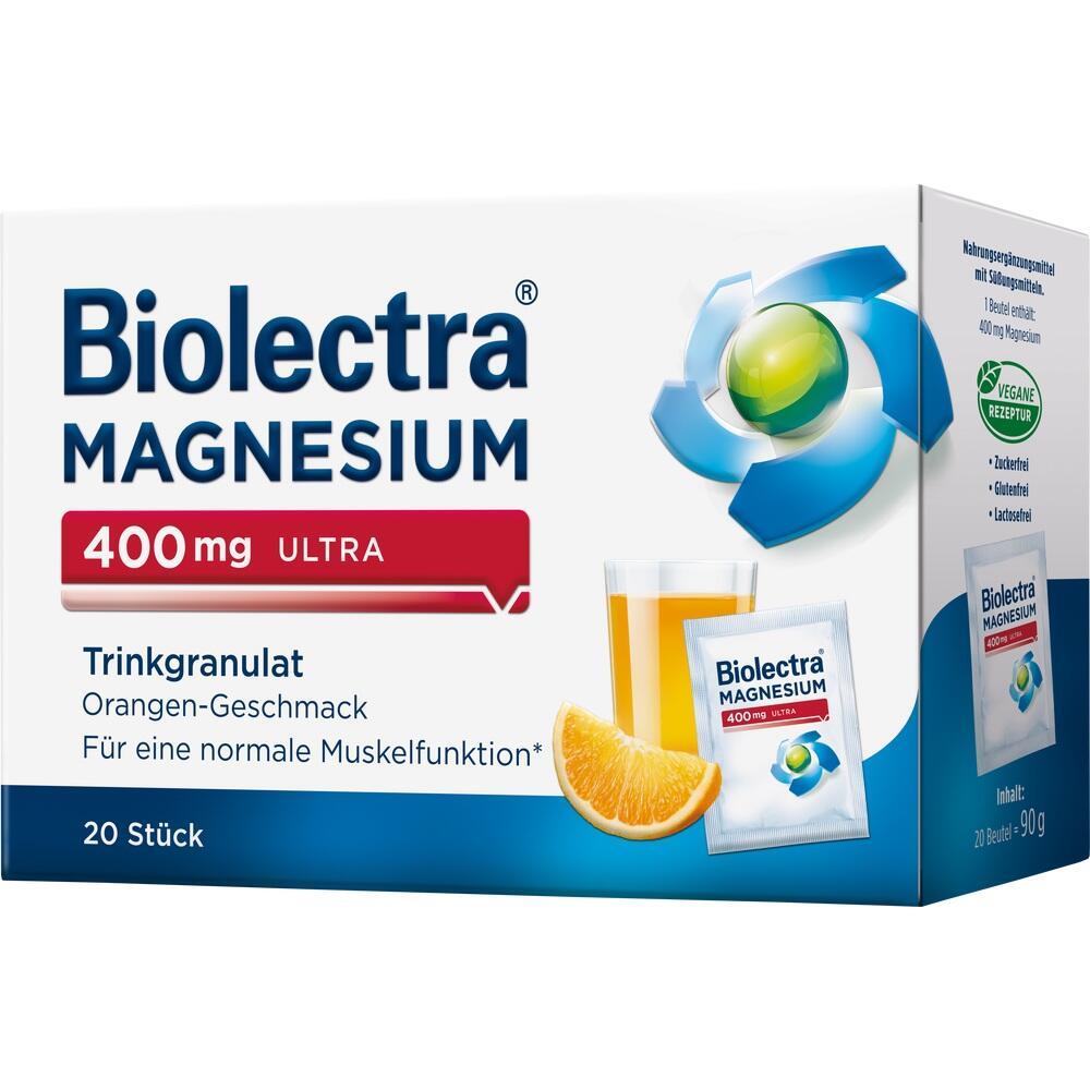 Eine Packung Biolectra Magnesium 400mg Granulat mit Orangengeschmack.