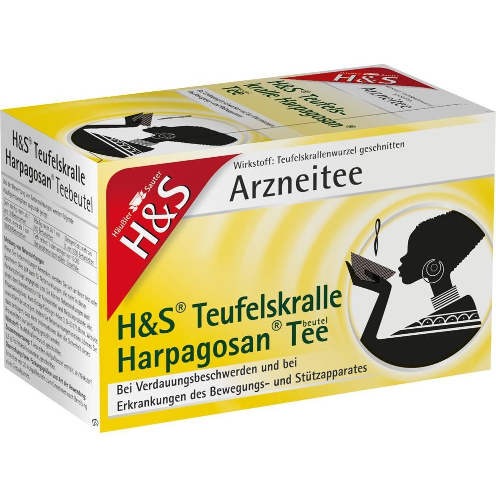 Eine gelbe Teepackung mit der Aufschrift "H&S Teufelskralle Harpagosan Tee".