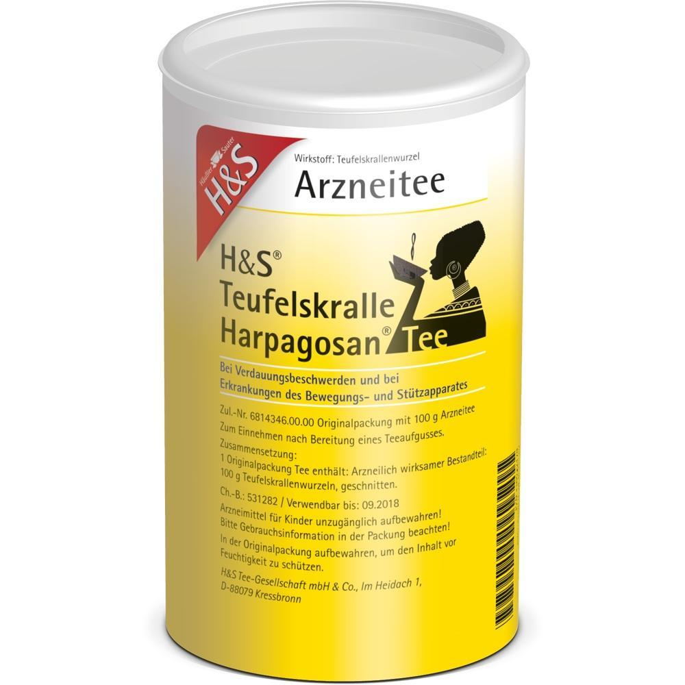 Gelbe Teedose mit der Aufschrift "Teufelskralle Harpagosantee" von H&S.