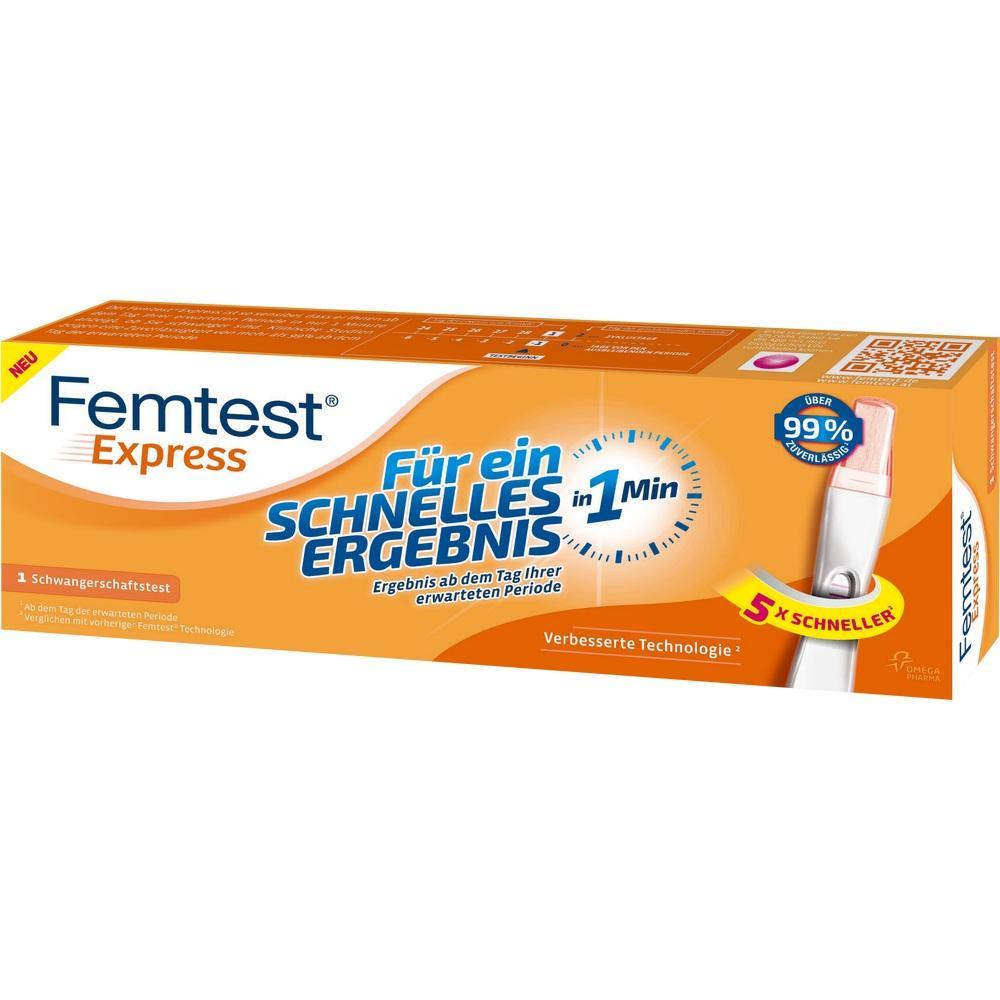 Orangefarbene Verpackung eines Schwangerschaftstests mit der Aufschrift "Für ein schnelles Ergebnis".