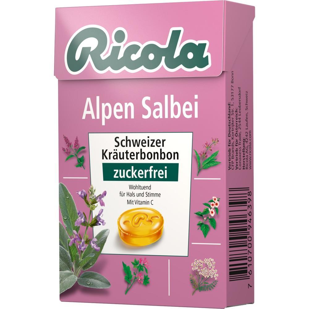 Eine pinke Packung Ricola Alpen Salbei Bonbons, ohne Zucker, mit Kr&auml;utern.