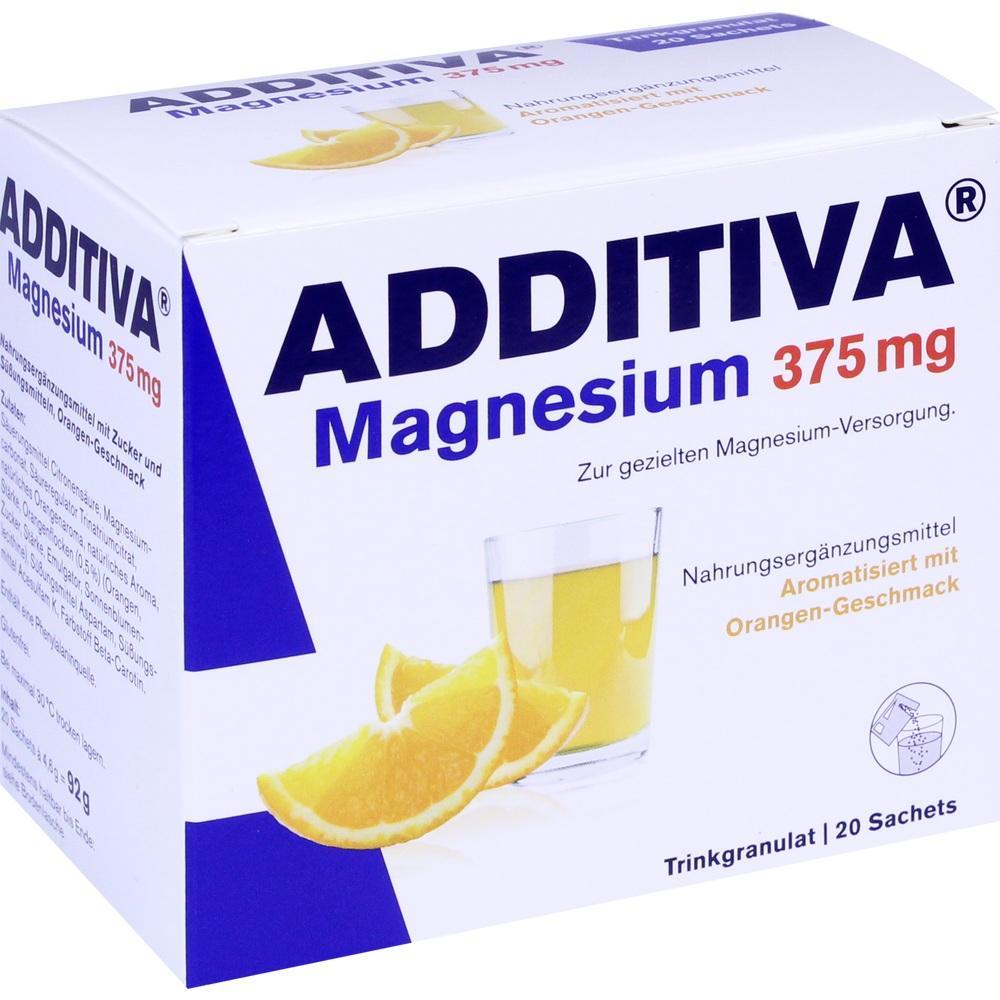 Verpackung von Additiva Magnesium 375 mg mit Orangengeschmack.
