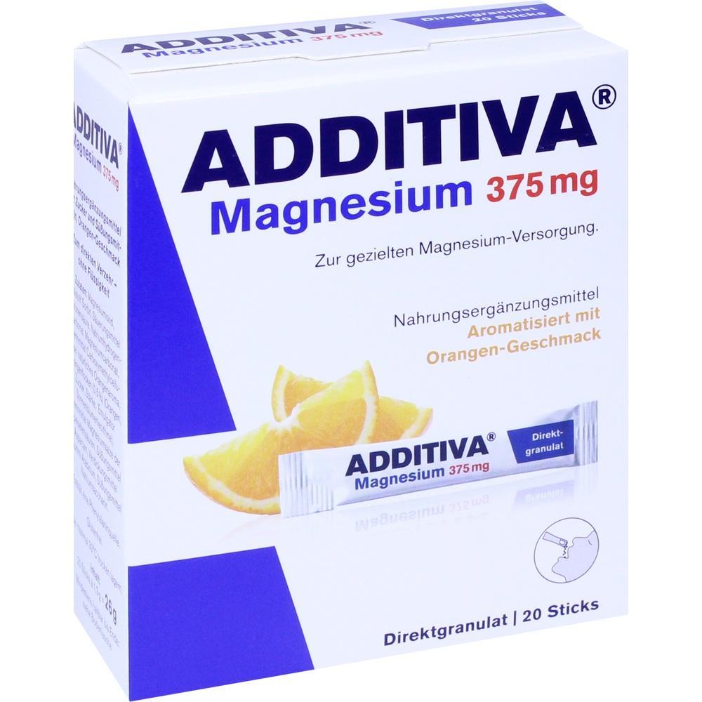 Eine Packung Nahrungsergänzungsmittel mit Orangengeschmack und 375 mg Magnesium.