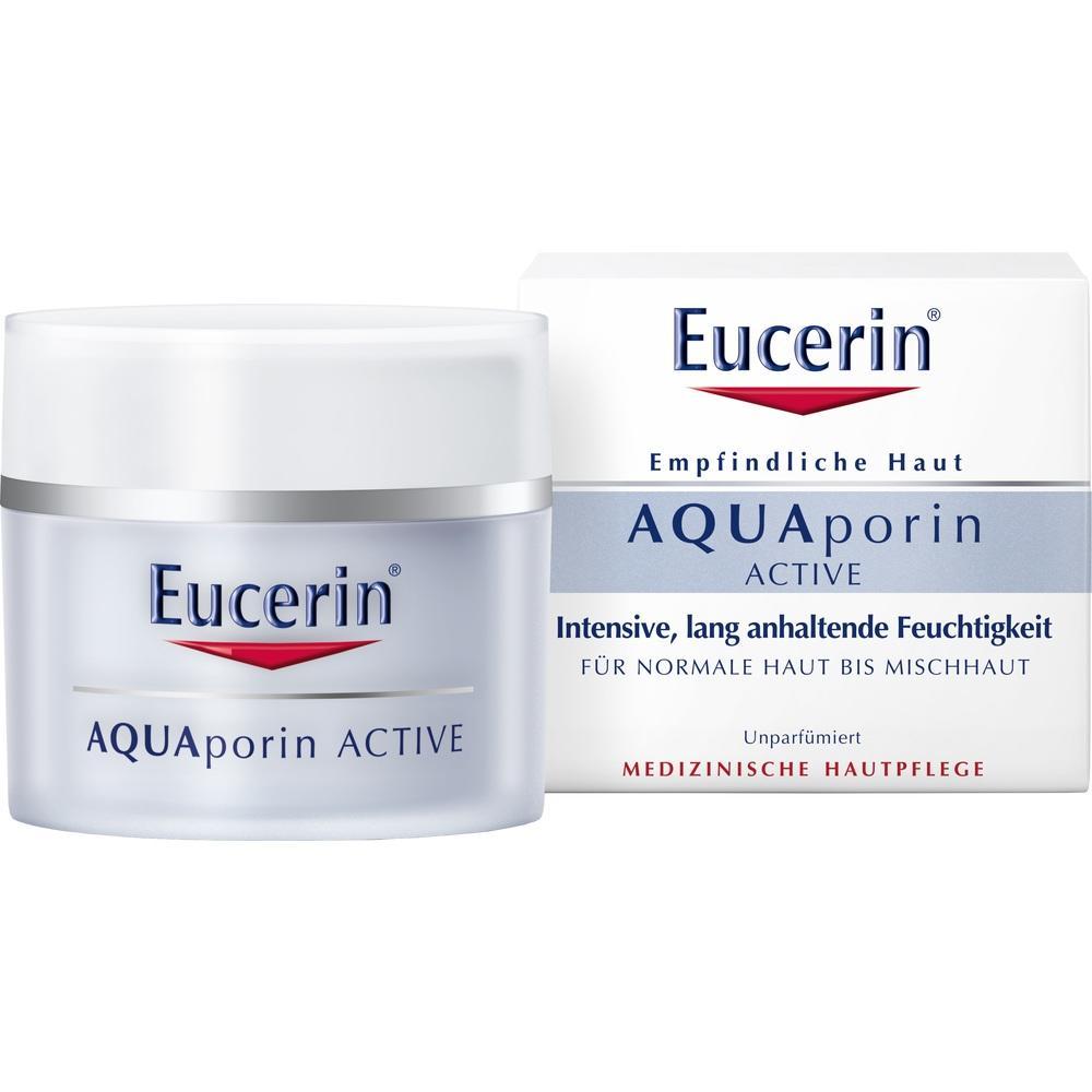 Eine Creme in einem wei&szlig;en Tiegel mit der Aufschrift "Eucerin AQUAporin ACTIVE".