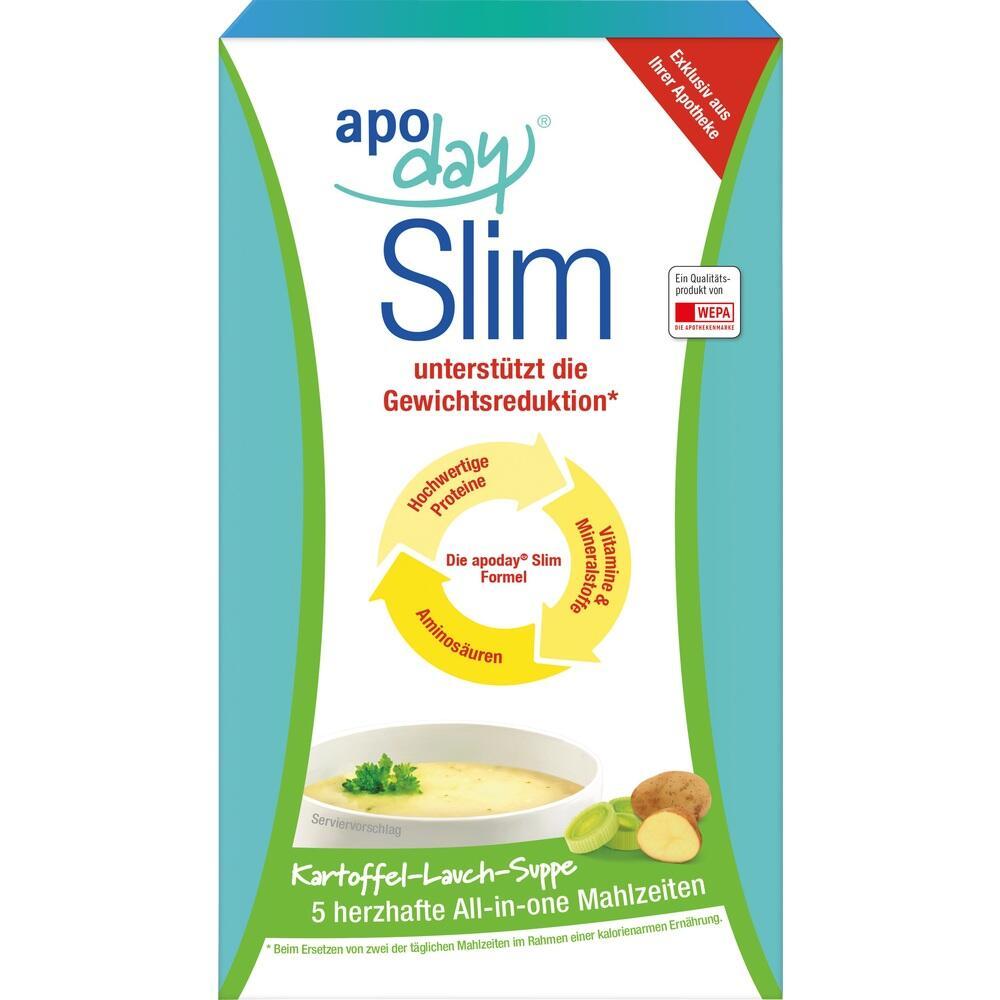 Die Verpackung zeigt eine Kartoffel-Lauch-Suppe zur Unterst&uuml;tzung der Gewichtsreduktion.