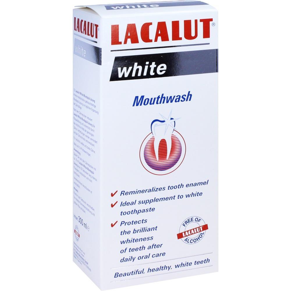 Wei&szlig;e Verpackung einer Mundsp&uuml;lung mit einem Zahn-Symbol darauf.
