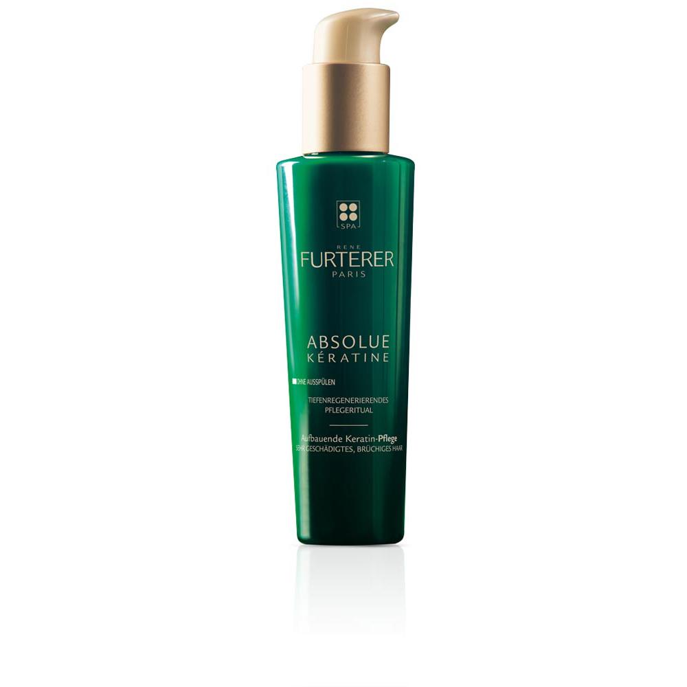Grüne Flasche mit goldenem Spender für Haarpflegeprodukt.