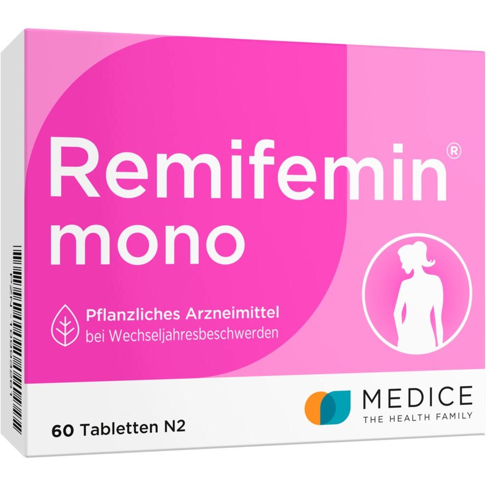 Schachtel mit pinkem Design von Remifemin mono, pflanzliches Mittel f&uuml;r Wechseljahresbeschwerden.