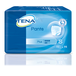 Eine blaue Packung von TENA Pants Inkontinenzhosen in Größe S.