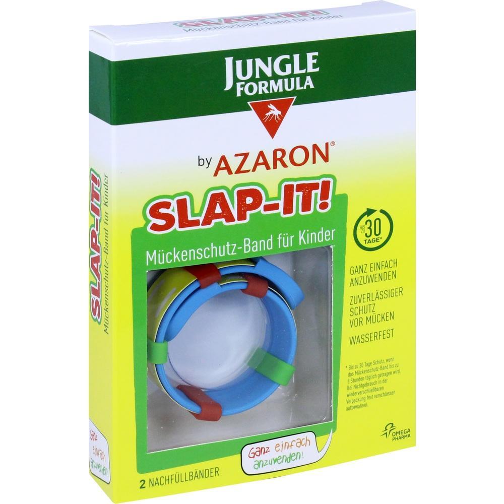 Eine grüne Verpackung mit einem blauen Mückenschutz-Band für Kinder.