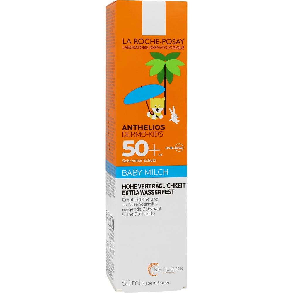 Weiße Verpackung einer Baby-Sonnencreme mit LSF 50+ von La Roche-Posay.