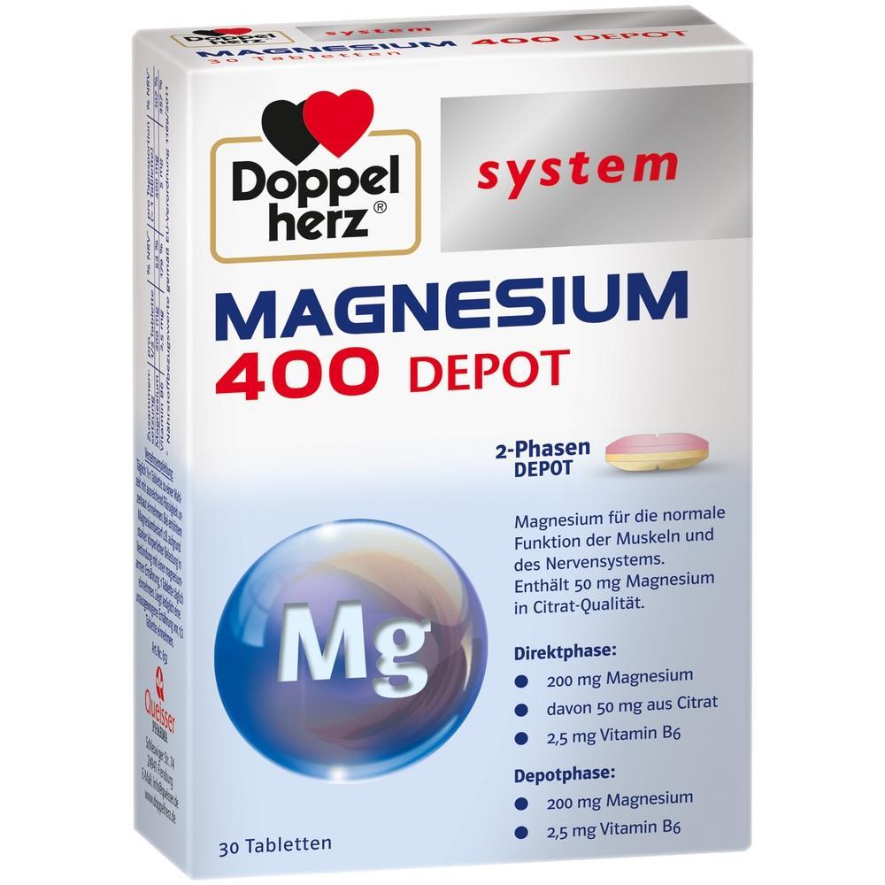 Verpackung von Doppelherz Magnesium 400 Depot Tabletten mit Vitaminen.